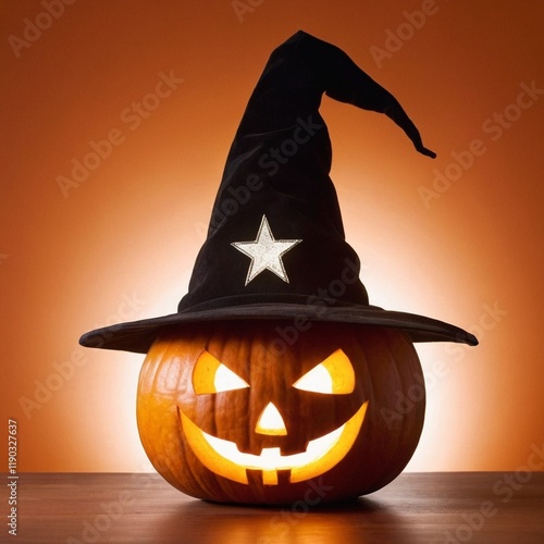 A glowing jack-o'-lantern with a spooky witch hat on a warm orange background, perfect for Halloween decorations, party invitations, or seasonal marketing. Captures the essence of Halloween spirit and