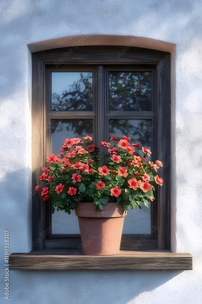 Potted red flowers on rustic window sill. Potted red flowers on rustic window sill.