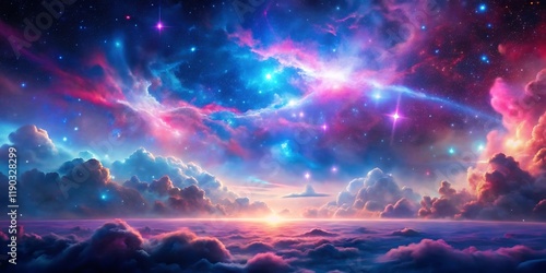 Fototapeta Naklejka Na Ścianę i Meble -  Colorful sky with clouds and stars. Background. Futuristic. Graphics.