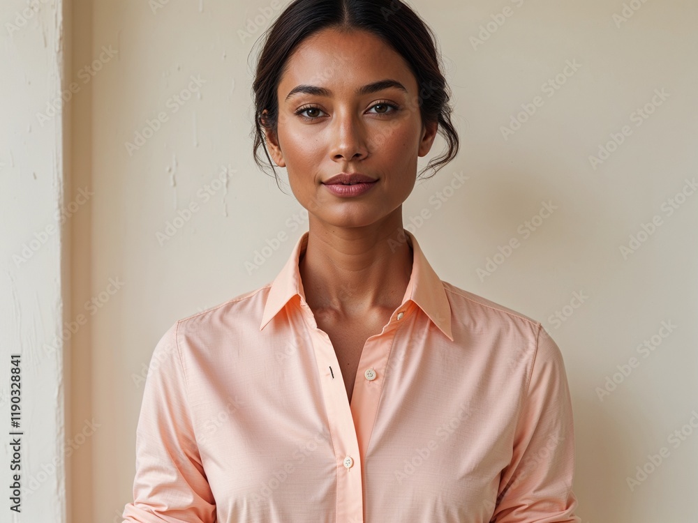 woman in a casual business shirt, peach shirt, beautiful and smiling, clean background, portrait shot woman in a casual business shirt, peach shirt, beautiful and smiling, clean background, portrait shot