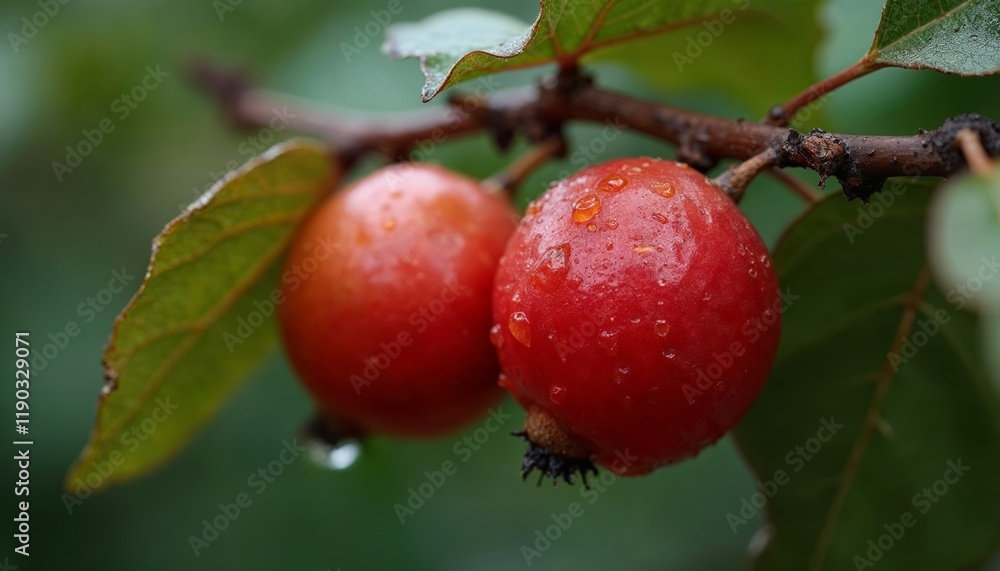 Obraz premium Two ripe red crabapples on a branch