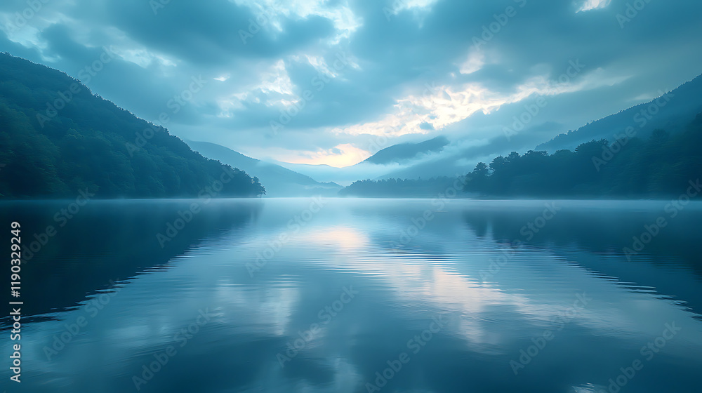 serene reservoir landscape reflecting calm waters and misty mountains serene reservoir landscape reflecting calm waters and misty mountains