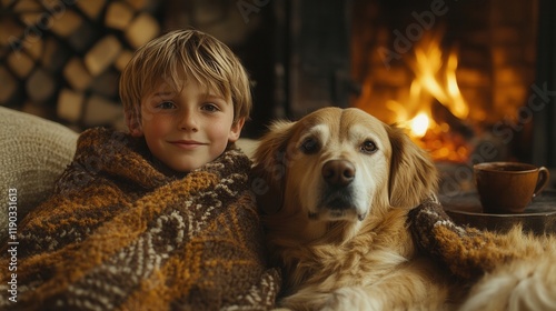 Cozy scene with a boy and his dog. photo