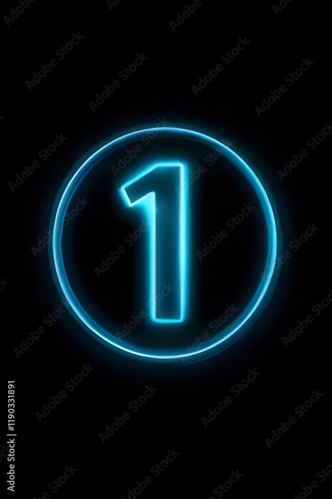 Glowing neon blue number one in a circle on black background. Glowing neon blue number one in a circle on black background.