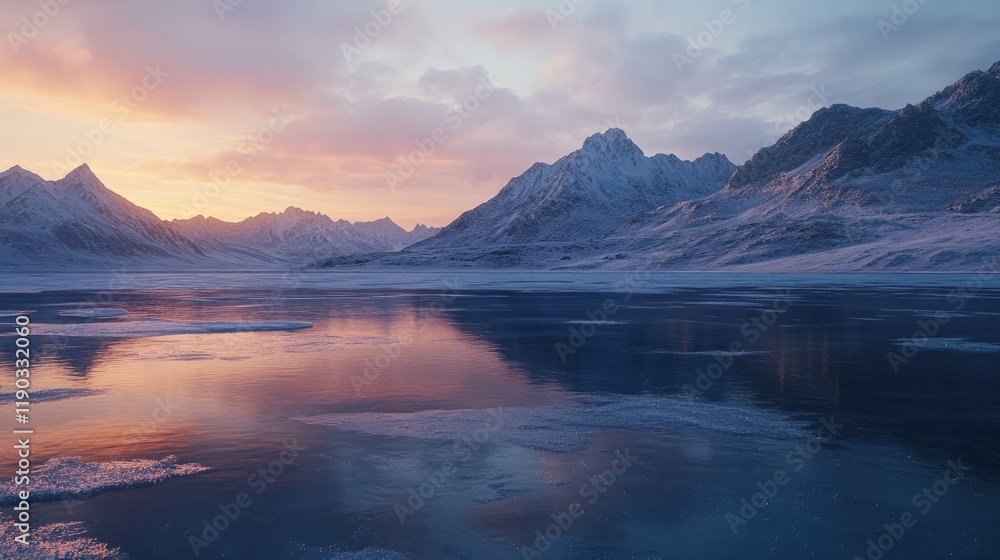 Frozen lake with mountains in the background, captured at dawn. Frozen lake with mountains in the background, captured at dawn.