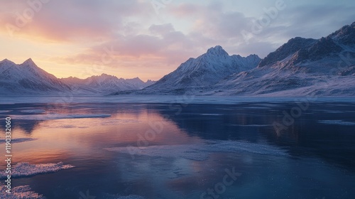 Frozen lake with mountains in the background, captured at dawn.