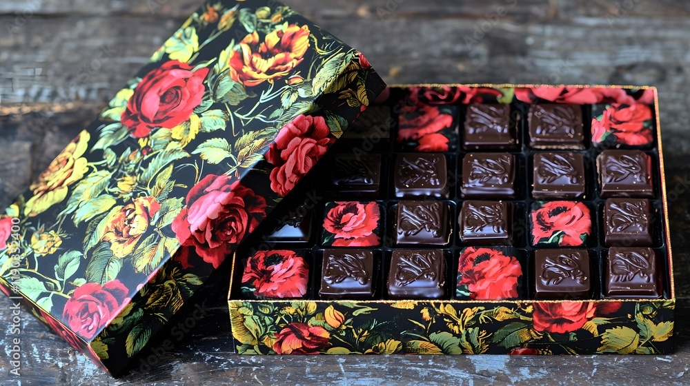 Fototapeta premium Gourmet Dark Chocolate Assortment in Floral Box Luxurious Gift Sweet Treats Roses