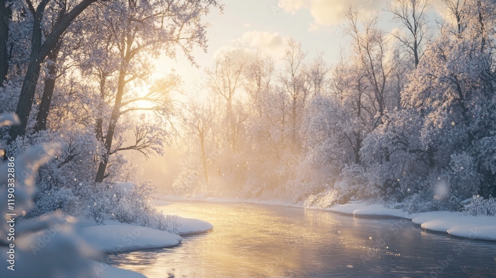 Icy river winding through a forest, with snow-covered branches and soft sunlight. Icy river winding through a forest, with snow-covered branches and soft sunlight.