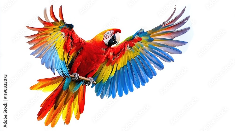 Fototapeta premium Vibrant Parrot Soaring Through the Air with Colorful Plumage on White Background
