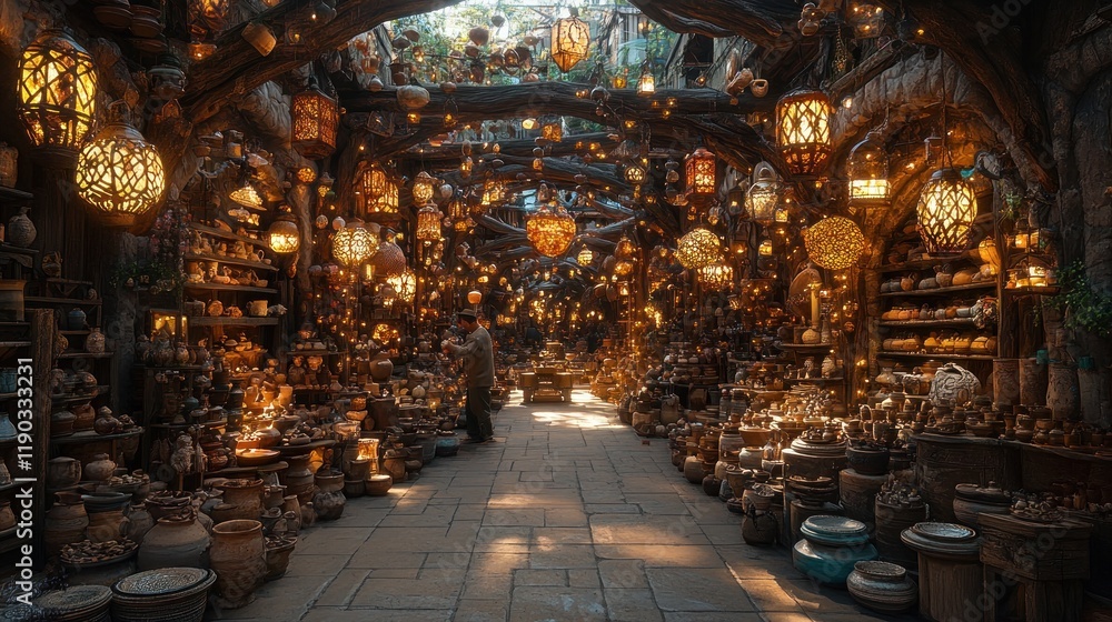 Obraz premium Enchanting lantern-lit market aisle with pottery and crafts.