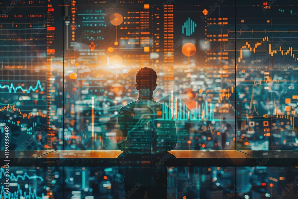 Fototapeta premium Businessman standing in office analyzing sales data and economic growth graph financial, solution analysis and development contents on table and global network connection interface background.