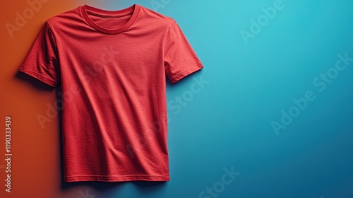 Red T-Shirt on a Colorful Background: Perfect for Mockups and Designs photo