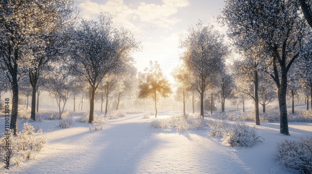 Icy river winding through a forest, with snow-covered branches and soft sunlight. Icy river winding through a forest, with snow-covered branches and soft sunlight.