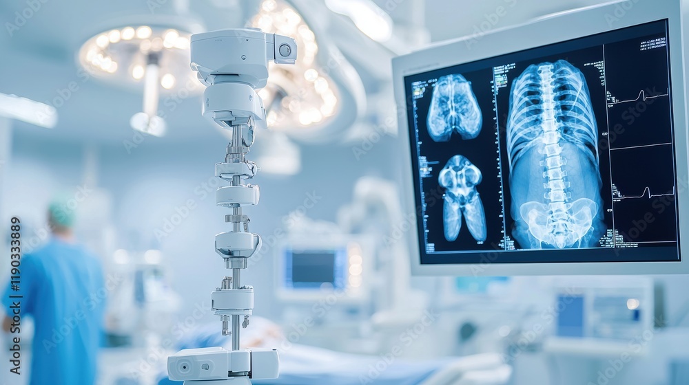 Robotic Spinal Surgery. Advanced medical imaging technology in a surgical environment displaying a chest X-ray. Robotic Spinal Surgery. Advanced medical imaging technology in a surgical environment displaying a chest X-ray.