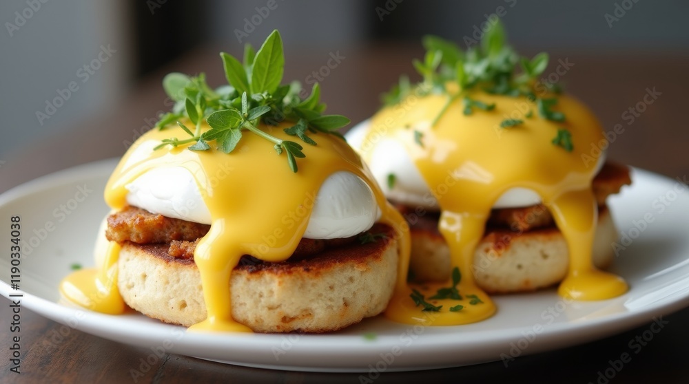 Eggs Benedict featuring poached eggs on toasted English muffins Eggs Benedict featuring poached eggs on toasted English muffins