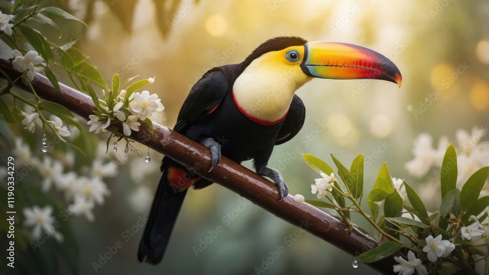 A colorful toucan perched on a branch surrounded by flowers in a lush environment. A colorful toucan perched on a branch surrounded by flowers in a lush environment.