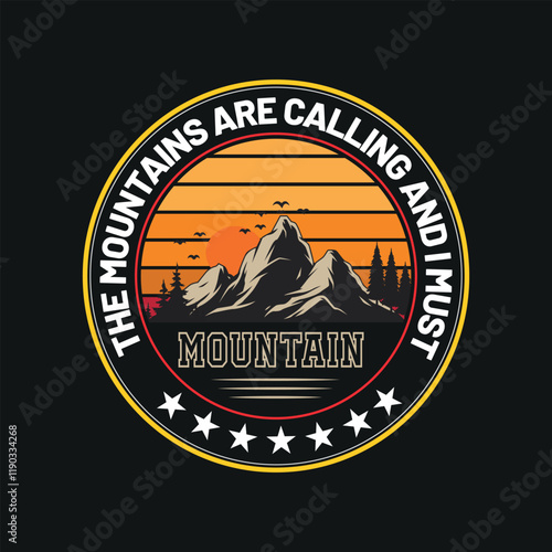 Vintage Mountain Adventure Badge T-Shirt Design with Sunset Background photo