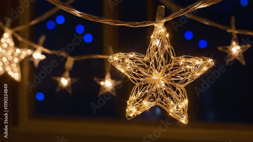 A glowing string of star-shaped fairy lights in a cozy, dark ambiance, perfect for festive decorations, celebrations, or atmospheric photography. Adds a magical and elegant touch to homes or events.