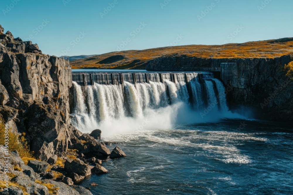 Majestic waterfall cascading over rocky cliffs into river canyon with autumn vegetation under blue sky Majestic waterfall cascading over rocky cliffs into river canyon with autumn vegetation under blue sky