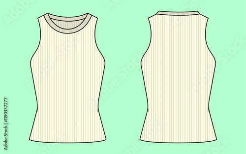 Ladies knit rib tank top flat sketch, outline, CAD, clothing mockup.