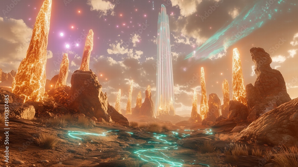Fototapeta premium Futuristic Landscape with Glowing Energy Veins and Luminescent Rock Formations Surrounded by a Majestic Sky in a Sci-Fi Fantasy Setting