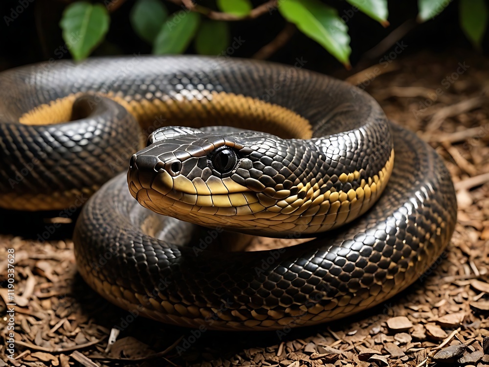 Close-up of black snake coiled on forest floor showing shiny scales. Reptile wildlife concept Close-up of black snake coiled on forest floor showing shiny scales. Reptile wildlife concept