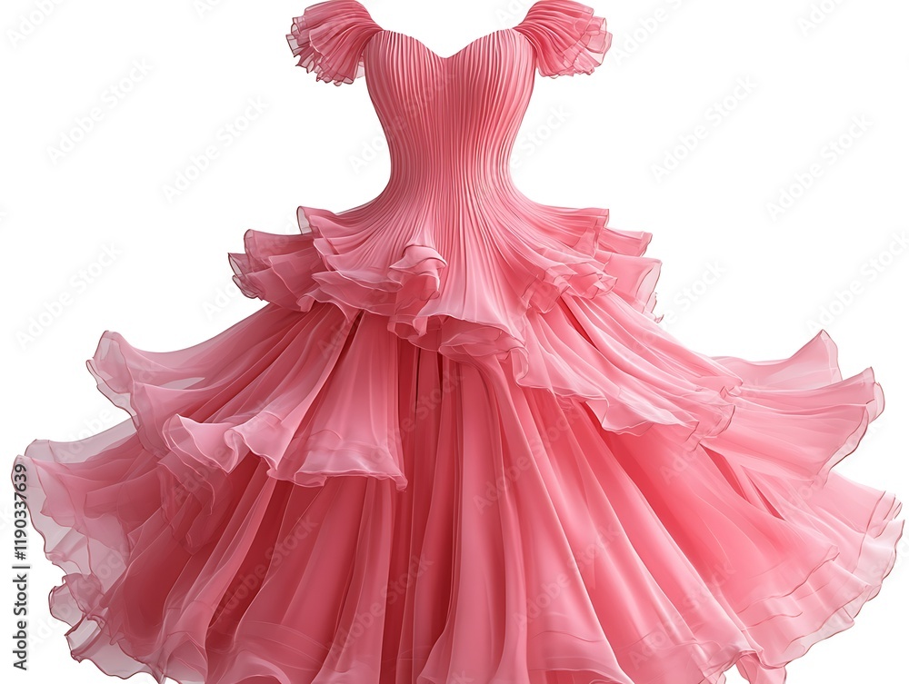Elegant pink party dress with ruffled skirt, isolated on a simple white background, Elegant pink party dress with ruffled skirt, isolated on a simple white background,