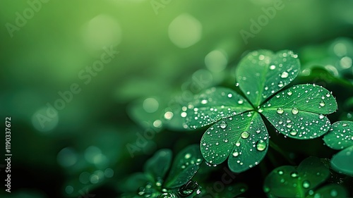 Dew-Covered Clovers in Morning Light, A close-up view of vibrant green clovers covered in sparkling dew drops, set against a soft, blurred green background with morning light.

