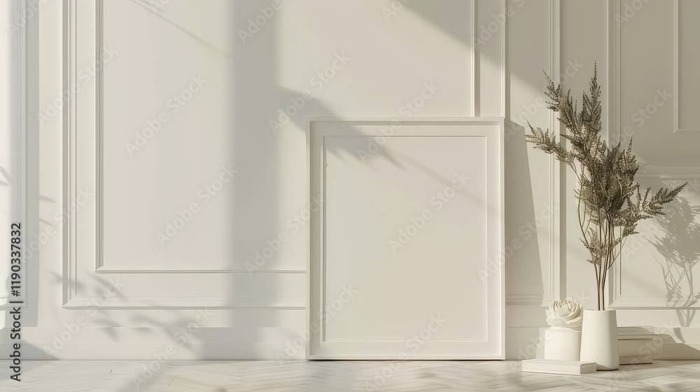 Fototapeta premium Blank White Frame Mockup with Pampas Grass and Shadow on White Wall