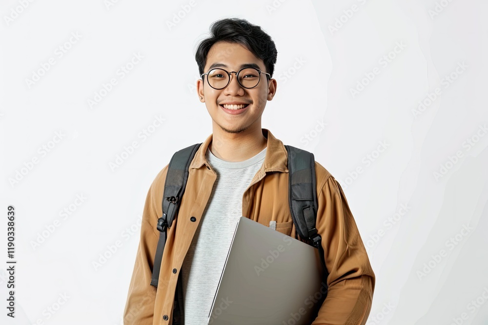 High Resolution Picture of Smiling Asian Student with Backpack and Laptop Posing for Photo High Resolution Picture of Smiling Asian Student with Backpack and Laptop Posing for Photo