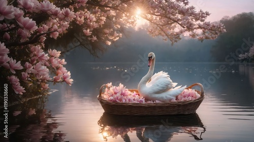 Fototapeta Naklejka Na Ścianę i Meble -  A serene swan in a flower-filled basket on a tranquil lake at sunrise.