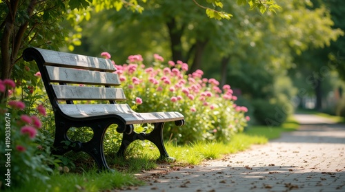 Fototapeta Naklejka Na Ścianę i Meble -  sunny park bench surrounded by blooming flowers