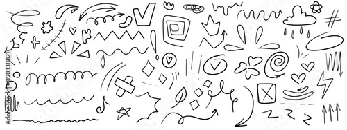 Hand drawn emphasis doodles, design elements set. Simple scribbles spirals, underlines, vibration motion, crown, drops, arrows and shapes. Vector illustration isolated on white background.