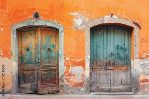  Orange concrete wall with two old wooden doors in european city. Detailed photo textured background photo