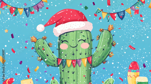 Hispanic Christmas feliz navidad banner with decorated festive cactus in Santa claus hat, flag garland, maracas, falling confetti and colorful typography. Cartoon vector vibrant holiday greeting card photo