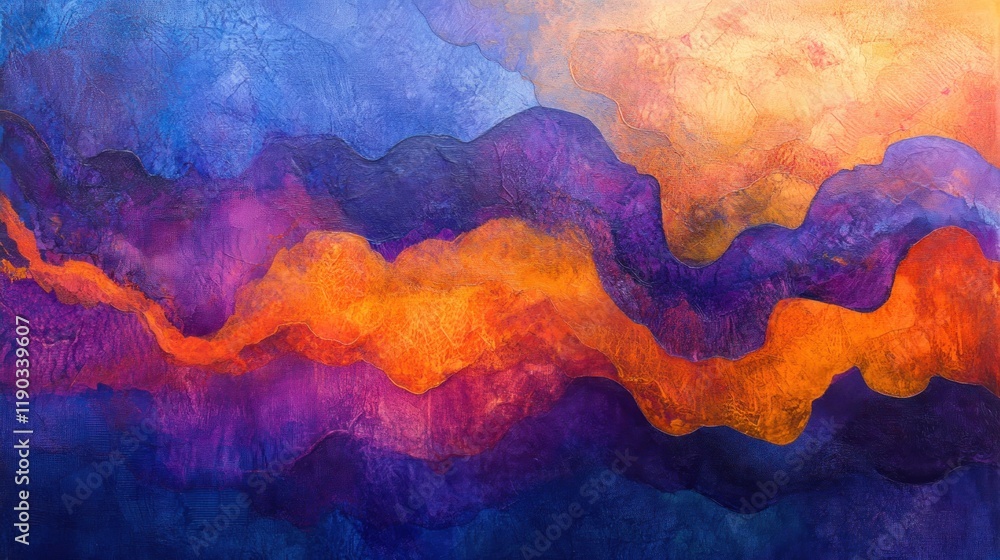 Obraz premium Abstract colorful landscape painting with vibrant hues of blue, purple, and orange.
