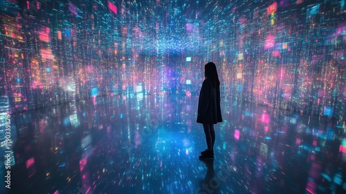 Wallpaper Mural Silhouette of a Person Standing in a Vibrant, Immersive Digital Space with Colorful Lights and Patterns Torontodigital.ca