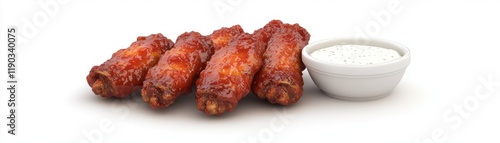 Delicious Spicy Chicken Wings with Tangy Dipping Sauce on Clean White Background