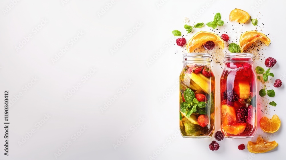 Fototapeta premium healthy superfoods anti-inflammatory concept. Refreshing fruit-infused drinks in jars with vibrant garnishes.
