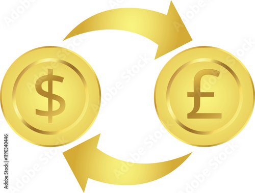 Currency Exchange Concept: US Dollar to Pound Conversion. Golden Coins and Arrows Vector Graphics