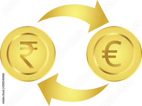 Currency Exchange Concept: Indian Rupee to Euro Conversion. Golden Coins and Arrows Vector Graphics