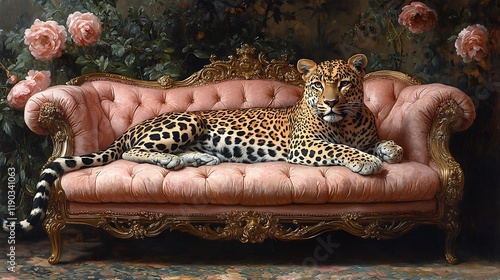 Majestic leopard lounging elegantly on a pink velvet chaise lounge amidst lush roses.
