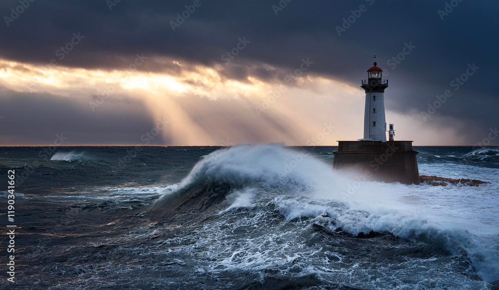 Lighthouse standing strong against crashing waves and stormy weather Lighthouse standing strong against crashing waves and stormy weather