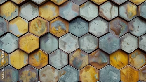 Minimalist hexagonal patterns in muted tones digital art contemporary design indoor space abstract concept photo