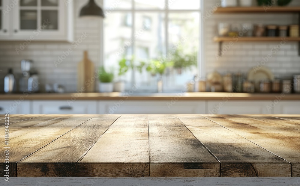 Empty wooden table top with a blurred kitchen background for product display Empty wooden table top with a blurred kitchen background for product display