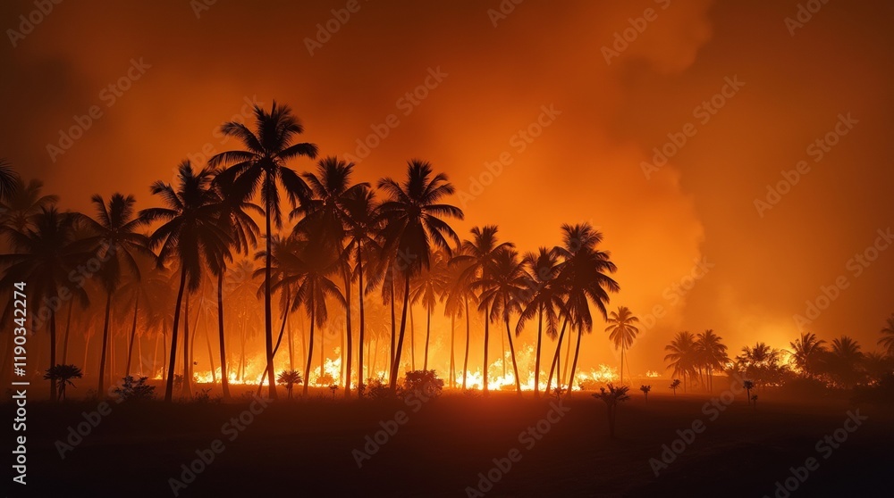 Palm trees burning in a wildfire, with thick smoke and flames rising, a dramatic and destructive tropical scene. Palm trees burning in a wildfire, with thick smoke and flames rising, a dramatic and destructive tropical scene.