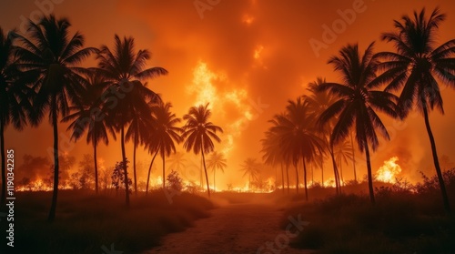 Palm trees burning in a wildfire, with thick smoke and flames rising, a dramatic and destructive tropical scene.