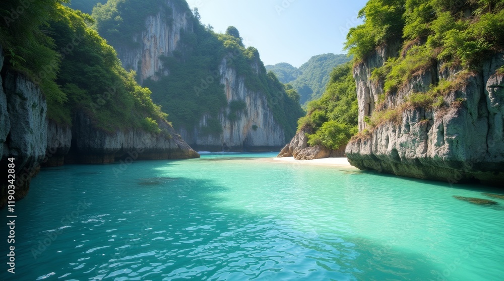 Tropical cove with turquoise water, white sand, and cliffs, creating a peaceful and private retreat under the midday sun. Tropical cove with turquoise water, white sand, and cliffs, creating a peaceful and private retreat under the midday sun.