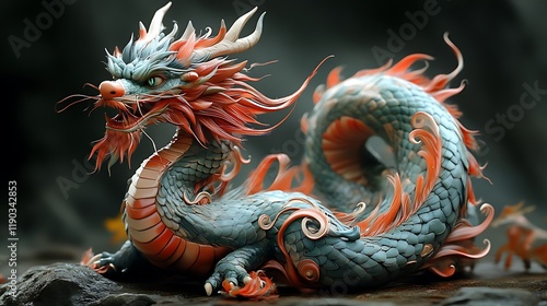 Wallpaper Mural Majestic teal dragon sculpture with orange accents, detailed scales and horns, posed on dark rocks. Torontodigital.ca