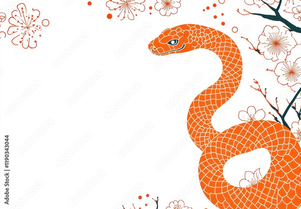 Fototapeta premium Elegant Orange Snake Amidst Delicate Cherry Blossoms: A Serene Japanese-Style Artwork